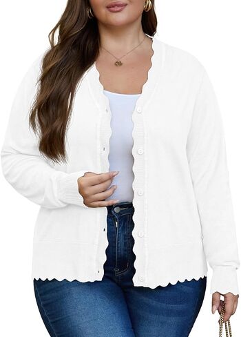 OLRIK Plus Size Cardigan for Women Cropped Long Sleeve V-Neck Buttons Down Ribbed Wave Edges Casual Knit Shrugs in Saudi Arabia