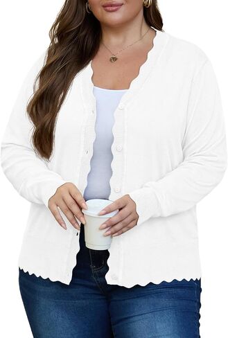 OLRIK Plus Size Cardigan for Women Cropped Long Sleeve V-Neck Buttons Down Ribbed Wave Edges Casual Knit Shrugs in Saudi Arabia