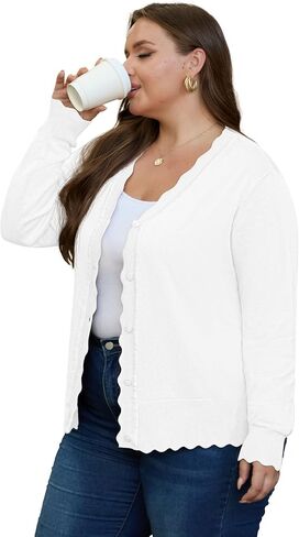 OLRIK Plus Size Cardigan for Women Cropped Long Sleeve V-Neck Buttons Down Ribbed Wave Edges Casual Knit Shrugs in Saudi Arabia