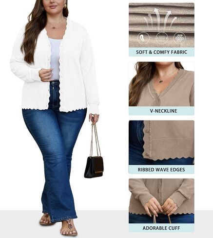 OLRIK Plus Size Cardigan for Women Cropped Long Sleeve V-Neck Buttons Down Ribbed Wave Edges Casual Knit Shrugs in Saudi Arabia