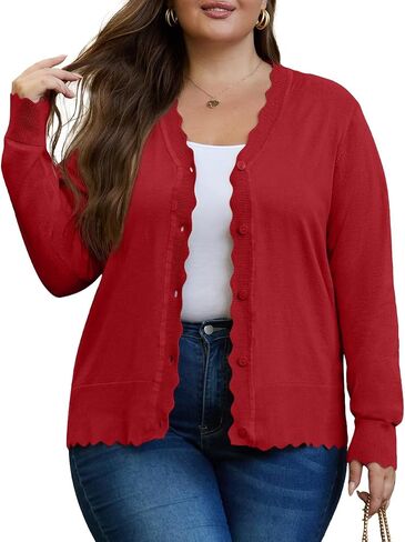 OLRIK Plus Size Cardigan for Women Cropped Long Sleeve V-Neck Buttons Down Ribbed Wave Edges Casual Knit Shrugs in Saudi Arabia