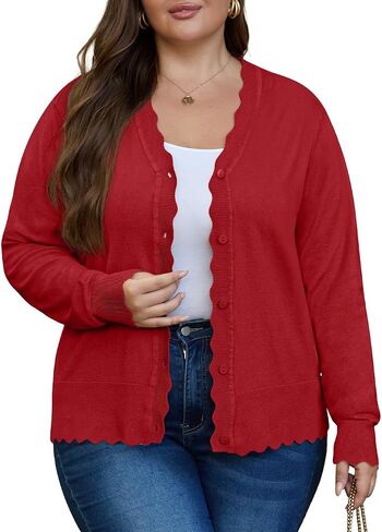 OLRIK Plus Size Cardigan for Women Cropped Long Sleeve V-Neck Buttons Down Ribbed Wave Edges Casual Knit Shrugs in Saudi Arabia