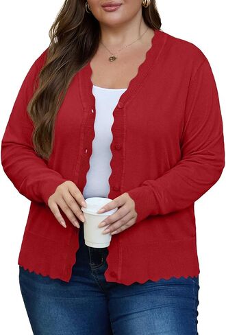 OLRIK Plus Size Cardigan for Women Cropped Long Sleeve V-Neck Buttons Down Ribbed Wave Edges Casual Knit Shrugs in Saudi Arabia