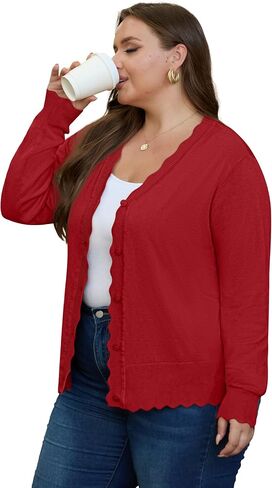 OLRIK Plus Size Cardigan for Women Cropped Long Sleeve V-Neck Buttons Down Ribbed Wave Edges Casual Knit Shrugs in Saudi Arabia