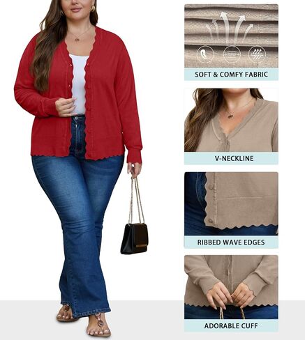 OLRIK Plus Size Cardigan for Women Cropped Long Sleeve V-Neck Buttons Down Ribbed Wave Edges Casual Knit Shrugs in Saudi Arabia