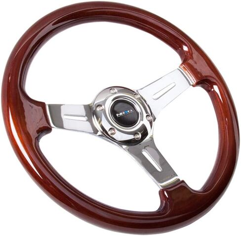 عجلة قيادة NRG Innovations NRG-ST-015SL-OAK كلاسيكية مصنوعة من الخشب المحبب - 350 مم، 3 قضبان فضية من الكروم، خشب بلون البلوط، ماهوجني in Kuwait