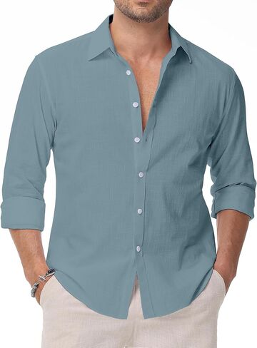 Linen Shirts for Men Casual Button Down Long Sleeve Shirt Solid Summer Beach Hawaiian Shirts in Saudi Arabia