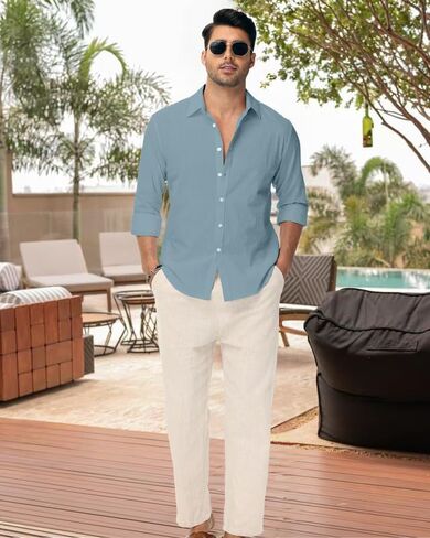 Linen Shirts for Men Casual Button Down Long Sleeve Shirt Solid Summer Beach Hawaiian Shirts in Saudi Arabia