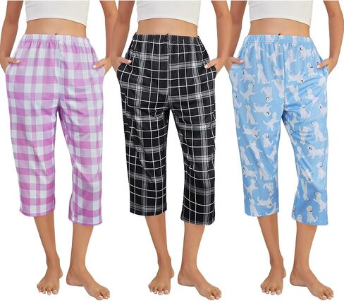 YIJIU 3 Pack Women's Capri Pajama Pants Printed Lounge Causal Bottoms Soft Comfy Elastic Waistband Sleep Pants with Pockets in Saudi Arabia