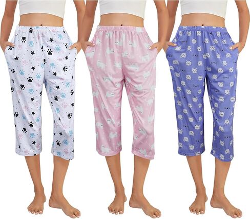 YIJIU 3 Pack Women's Capri Pajama Pants Printed Lounge Causal Bottoms Soft Comfy Elastic Waistband Sleep Pants with Pockets in Saudi Arabia