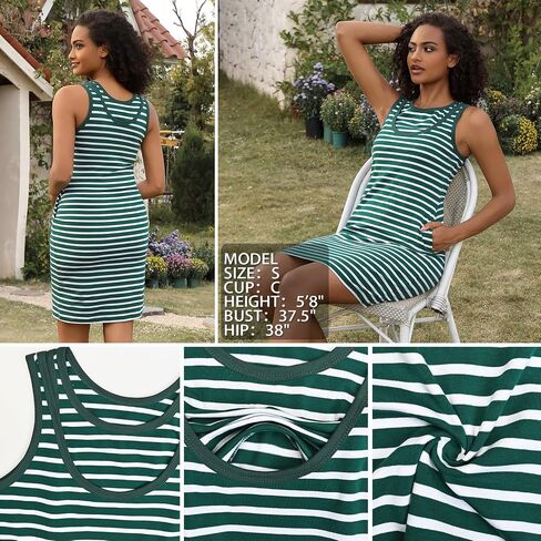 DEBELLY Nursing Tank Dress Striped Sleeveless Side Pockets Women's Breastfeeding Dress Knee Length in Kuwait