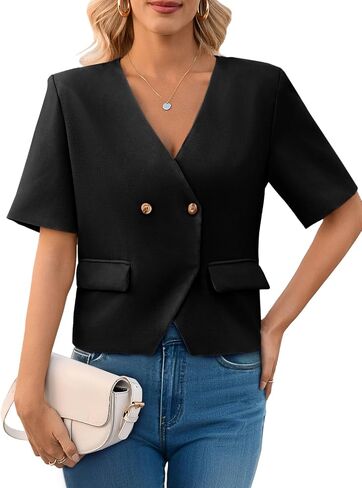 Cicy Bell Womens Cropped Short Sleeve Blazers V Neck Button Down Lightweight Work Casual Suit Jackets in Saudi Arabia