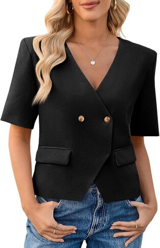 Cicy Bell Womens Cropped Short Sleeve Blazers V Neck Button Down Lightweight Work Casual Suit Jackets in Saudi Arabia