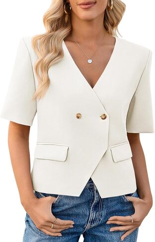 Cicy Bell Womens اقتصاص الأكمام القصير بزر الرقبة أسفل زر أسفل العمل خفيفة الوزن سترات بدلة غير رسمية in Kuwait
