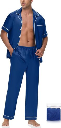 Mens Silk Pajama Set Satin Pjs Short Sleeve Button Down Sleepwear Classic Loungewear Set With Pants S-3XL in Saudi Arabia