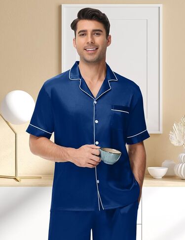 Mens Silk Pajama Set Satin Pjs Short Sleeve Button Down Sleepwear Classic Loungewear Set With Pants S-3XL in Saudi Arabia