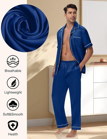 Mens Silk Pajama Set Satin Pjs Short Sleeve Button Down Sleepwear Classic Loungewear Set With Pants S-3XL in Saudi Arabia