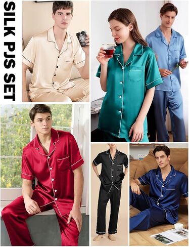 Mens Silk Pajama Set Satin Pjs Short Sleeve Button Down Sleepwear Classic Loungewear Set With Pants S-3XL in Saudi Arabia