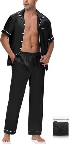Mens Silk Pajama Set Satin Pjs Short Sleeve Button Down Sleepwear Classic Loungewear Set With Pants S-3XL in Saudi Arabia