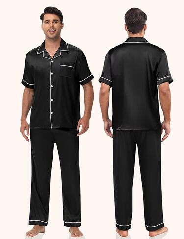 Mens Silk Pajama Set Satin Pjs Short Sleeve Button Down Sleepwear Classic Loungewear Set With Pants S-3XL in Saudi Arabia