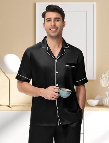 Mens Silk Pajama Set Satin Pjs Short Sleeve Button Down Sleepwear Classic Loungewear Set With Pants S-3XL in Saudi Arabia