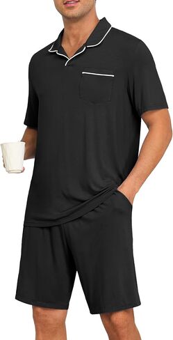 Prinstory Mens Pajamas مجموعة Summer PJS مجموعات خفيفة الأكمام قصيرة الأكمام باجاما ناعمة ملابس النوم مع جيوب in Saudi Arabia