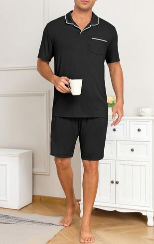 Prinstory Mens Pajamas مجموعة Summer PJS مجموعات خفيفة الأكمام قصيرة الأكمام باجاما ناعمة ملابس النوم مع جيوب in Saudi Arabia
