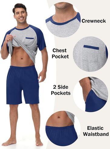 Mens Pajamas Set Summer Soft Pajama Short Set Lightweight Pjs Sleepwear 2 Piece Lounge Set With Pockets S-3XL in Kuwait