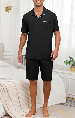 Prinstory Mens Pajamas مجموعة Summer PJS مجموعات خفيفة الأكمام قصيرة الأكمام باجاما ناعمة ملابس النوم مع جيوب in Saudi Arabia