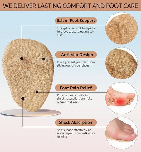 HiRui Metatarsal Pads (2 Pairs) - Ball of Foot Cushions for Women, Heel Inserts for Pain Relief & Comfort, Anti-Slip Heel Grips for Loose Shoes & Blister Prevention - Fits All Shoes (Beige) in Kuwait