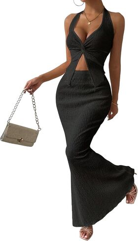 Two Piece Skirt Outfits for Women Twist Halter Crop Top and Maxi Skirt Sets 2 Piece Summer Vacation Set in Kuwait
