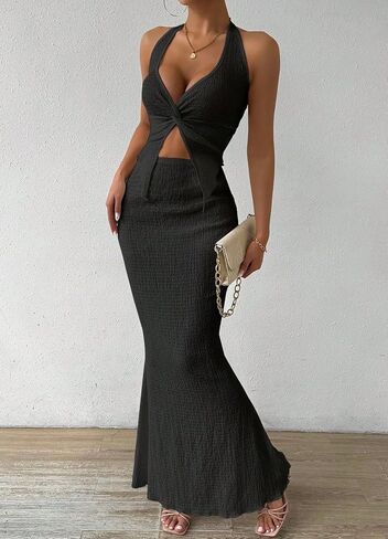 Two Piece Skirt Outfits for Women Twist Halter Crop Top and Maxi Skirt Sets 2 Piece Summer Vacation Set in Kuwait