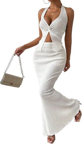 Two Piece Skirt Outfits for Women Twist Halter Crop Top and Maxi Skirt Sets 2 Piece Summer Vacation Set in Kuwait