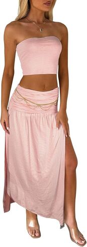 Two Piece Skirt Set for Women - 2 PC Summer Beach Vacation Outfits Going Out Strapless Tube Crop Tops Boho Maxi Skirts Sets in Kuwait