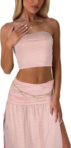 Two Piece Skirt Set for Women - 2 PC Summer Beach Vacation Outfits Going Out Strapless Tube Crop Tops Boho Maxi Skirts Sets in Kuwait