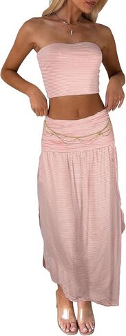Two Piece Skirt Set for Women - 2 PC Summer Beach Vacation Outfits Going Out Strapless Tube Crop Tops Boho Maxi Skirts Sets in Kuwait