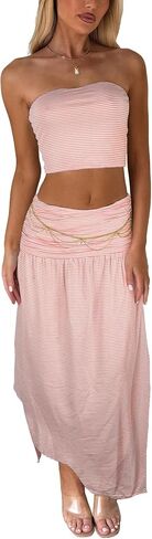Two Piece Skirt Set for Women - 2 PC Summer Beach Vacation Outfits Going Out Strapless Tube Crop Tops Boho Maxi Skirts Sets in Kuwait