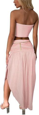 Two Piece Skirt Set for Women - 2 PC Summer Beach Vacation Outfits Going Out Strapless Tube Crop Tops Boho Maxi Skirts Sets in Kuwait
