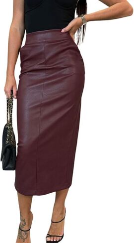 Utcoco Womens Long Faux Leather Skirt Bodycon High Weist Slim Pencil Midi Skirt مع جيوب in Kuwait