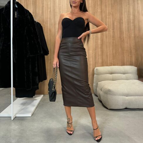 Utcoco Womens Long Faux Leather Skirt Bodycon High Weist Slim Pencil Midi Skirt مع جيوب in Kuwait