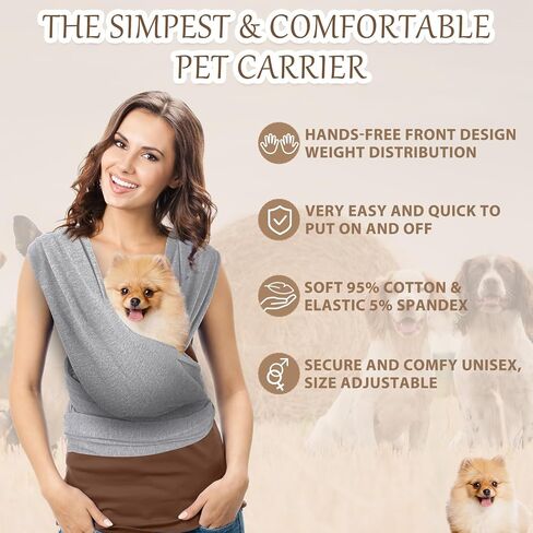 Dog Sling Carriers, Cat Wrap Carrier Chest, Front Facing Dog Sling, Hands Free, Size Adjustable, Soft Cotton, Swaddle Bag for Outdoor(Light Grey) in Kuwait