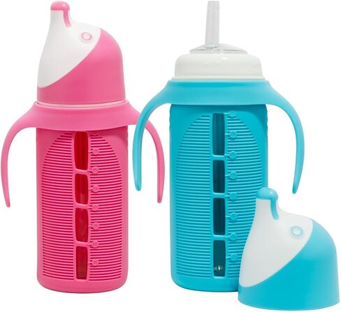 Tabor Place Set of 2 - Glass Sippy Cup for Toddlers - The Luca | Mint Green & Indigo Purple | Spill-Proof | Silicone Straw | 8 oz | Liquids Never Touch Plastic | Removable Handles… in Saudi Arabia