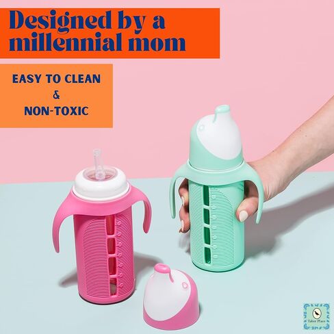 Tabor Place Set of 2 - Glass Sippy Cup for Toddlers - The Luca | Mint Green & Indigo Purple | Spill-Proof | Silicone Straw | 8 oz | Liquids Never Touch Plastic | Removable Handles… in Saudi Arabia