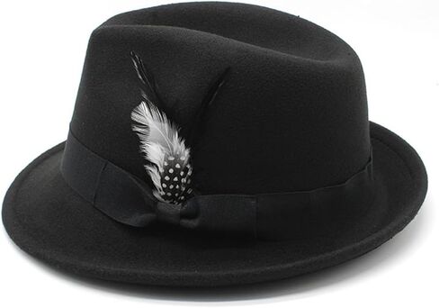 Fedora Hat for Men, Classic Short Brim Adjustable Panama Hat with Feather Winter Felt Jazz Cap in Kuwait