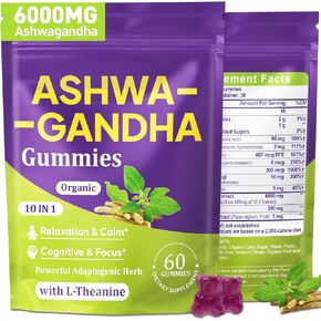 Ashwagandha Gummies - 10 in 1 Organic Ashwaganda Gummies for Women & Men, with L Theanine, Vitamin B6, Black Pepper for Relaxation*, Cognitive, Immune, Zzz, Cortisol, Vegan, Berry Flavor - 60 Count