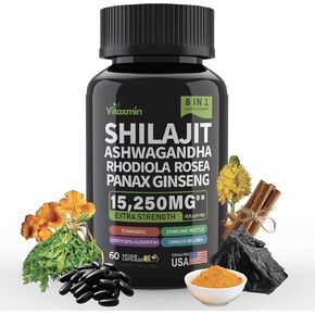 Shilajit and Ashwagandha Capsules, 8-in-1 Herbal Multivitamin for Men and Women, with Rhodiola Rosea, Ginseng, and Stinging Nettle, Shilajit for Men and Women