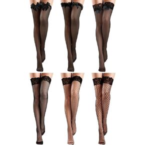 Bencailor 6 Pairs Silky Fishnet Thigh High Stockings Silicone Lace Top Sheer over Knee Silky Stockings for Woman