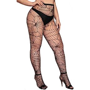 Plus Size Fishnets Tights Black Lace Mesh Stockings Spider Web High Waist Thigh Pantyhose Halloween Costume for Women