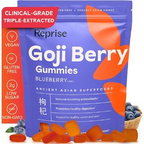 Goji Goji Berry Superfood Gummies-مضادات الأكسدة الطبيعية ، والهضم ، 240 ملغ كامل ، السكر المنخفض ، نباتي ، 45 غموض بنكهة التوت الأزرق