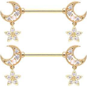 Pierced Owl 14GA Stainless Steel CZ Crystal Crescent Moon Ends with Dangling Stars Nipple Barbells, Sold as a Pair